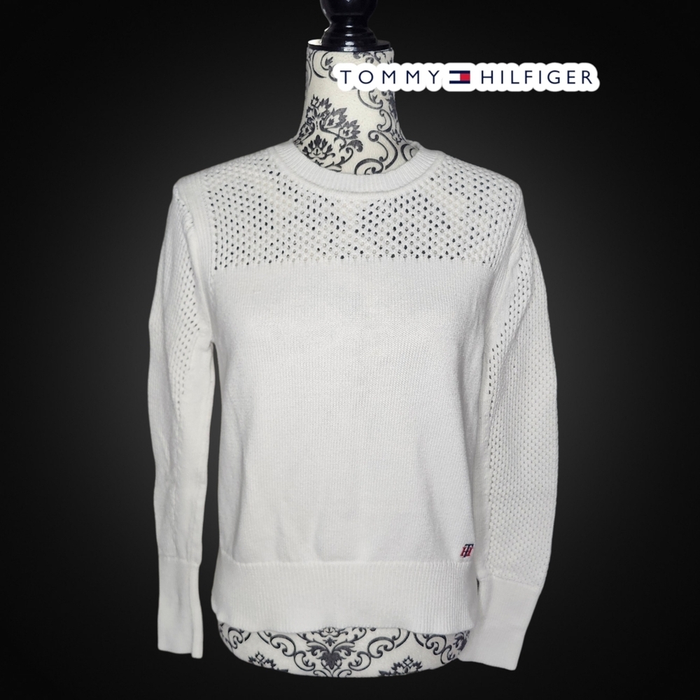 TOMMY HILFIGER White Mesh Knit Sweater - Medium (No Tag, See Measure)